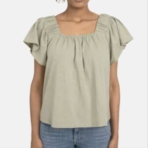 BearPaw Flutter Sleeve Green Top Women's XS Off The Shoulder Slub Knit Shirt